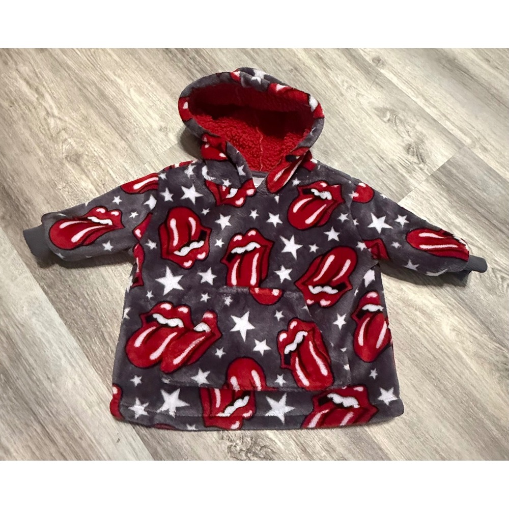 The Rolling Stones Kids Fleece Hoodie Red Sherpa Lined Stars Grey 12M
